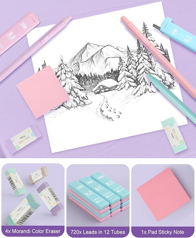 Aesthetic School Supplies with Cute Pencil Case, 12x Pastel Mechanical Pencils 0.5 & 0.7mm with 720x HB Leads, 4x Erasers and 1x Sticky Note, Suitable for Writing, Drafting Drawing Sketching(green)
