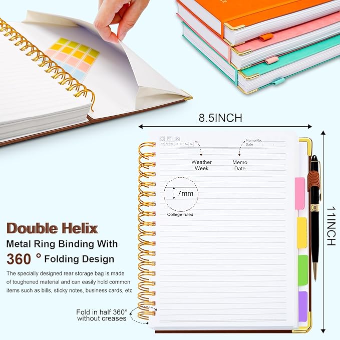 Hardcover Spiral Notebook 8.5"x11" Journal Notebook with Tabs and Removable Dividers 300 Pages 5 Subject Notebook College Ruled, Faux Leather Spiral Bound Notebook for Women School Work (Brown)