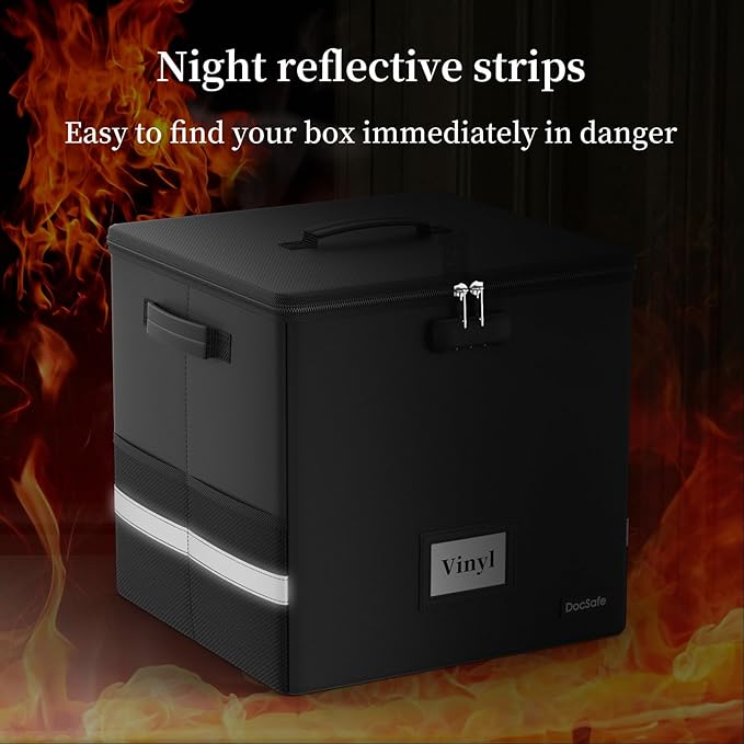 DocSafe Vinyl Record Storage Box with Lock,Fireproof Record Organizer Storage for 100+ Single Records(12-inch), Collapsible Storage Crate with Lid & Handles for Valuable Album Collection,Black,2 Pack