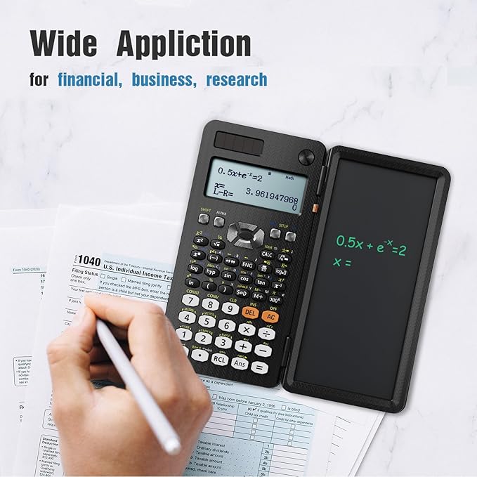 Scientific Calculators for Students 991ES Office Calculators Desktop, ROATEE 4-Line Display Calculator with Erasable LCD Writing Tablet, Solar Battery Power with Notepad Calculator School Supplies