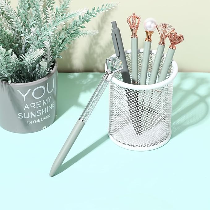 Janmini 9 Pcs Ballpoint Pens Set Metal Crystal Diamond Glitter Pens for Journaling Black Ink Pretty Cute Things Fancy Stationery Gifts for Women Girls Birthday Home Office Desk (Sage Green)