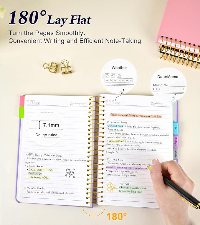 5 Subject Notebook College Ruled, A5 Hardcover Spiral Notebook with Removable Pocket Dividers Tabs, 240 Pages Lined Spiral Journal Notebook for Women, 6x8.5 Notebooks for Work School Note taking purple
