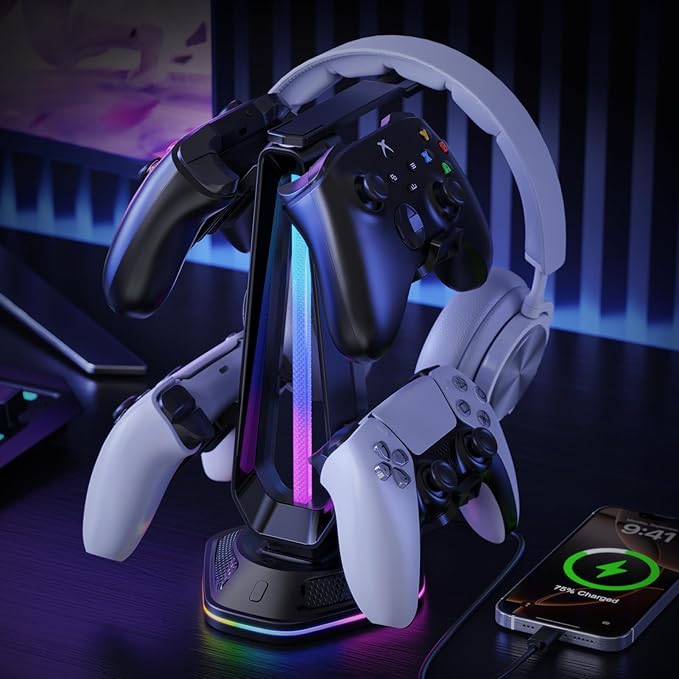 Luckit Gaming Headphones Stand, RGB Headset Stand with 12 Light Modes, Controller Holder with 2 USB Charging Ports - Supports Data Transfer, Earphone Hanger Accessories for Desktop Gamer