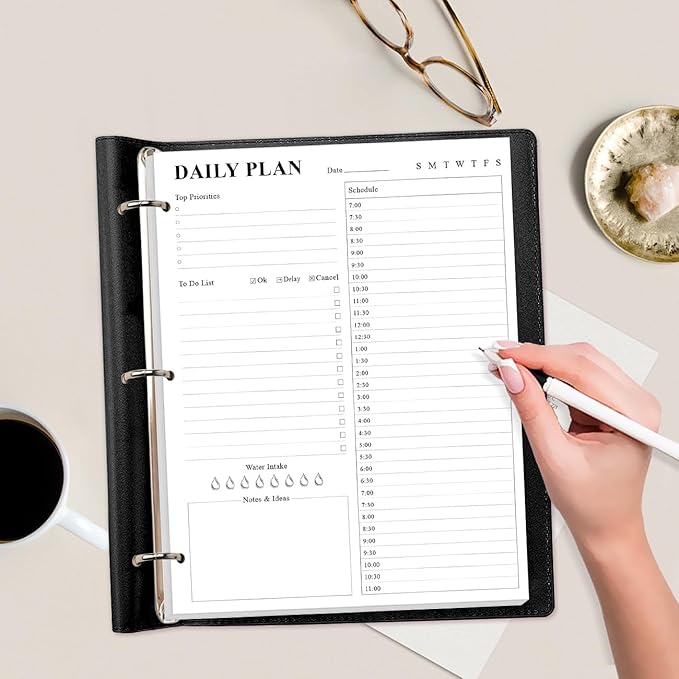 Undated Daily Planner Refill - A4 Planner Inserts, To Do List Refills, 100 Sheets/200 Pages Planner and Lined Refill, 3 Hole Punched, 100 gsm White Paper, 8.5'' x 11''