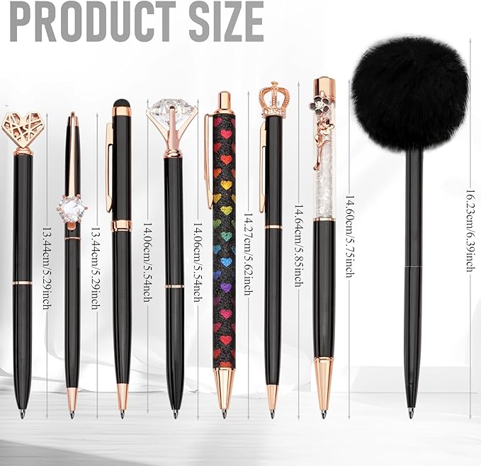 WEMATE 8Pcs Ballpoint Pens Set Metal Crystal Diamond Pen Glitter for Journaling Black Pen Bling in Black & Blue Ink Pretty Cute Pens Fancy Pens Gifts for Women Wedding School Office Desk(Black)