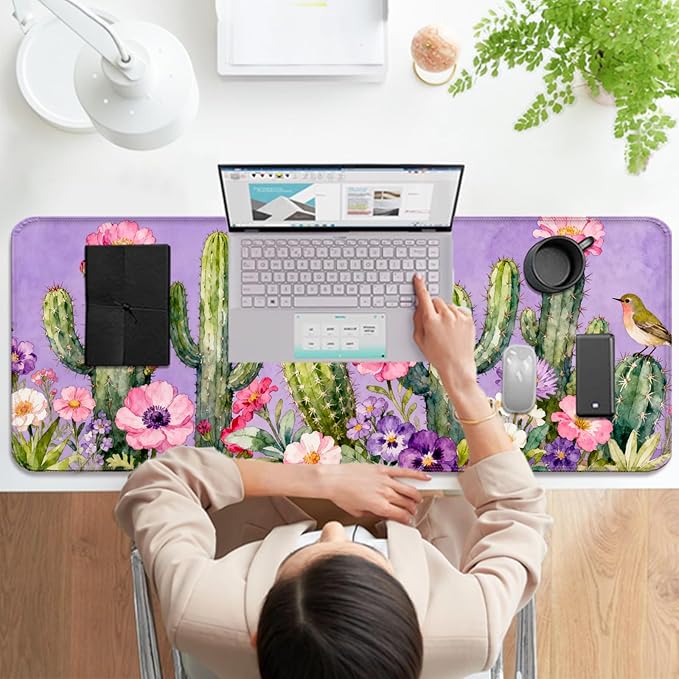 Beautiful Purple Watercolor Cactus XL Large Desk Mat, Extended Long Floral Aesthetics Desk Pad for Gaming and Office, Non-Slip Rubber Base, Comfortable Surface Mouse Pad, 31.5x11.8 in (H08)