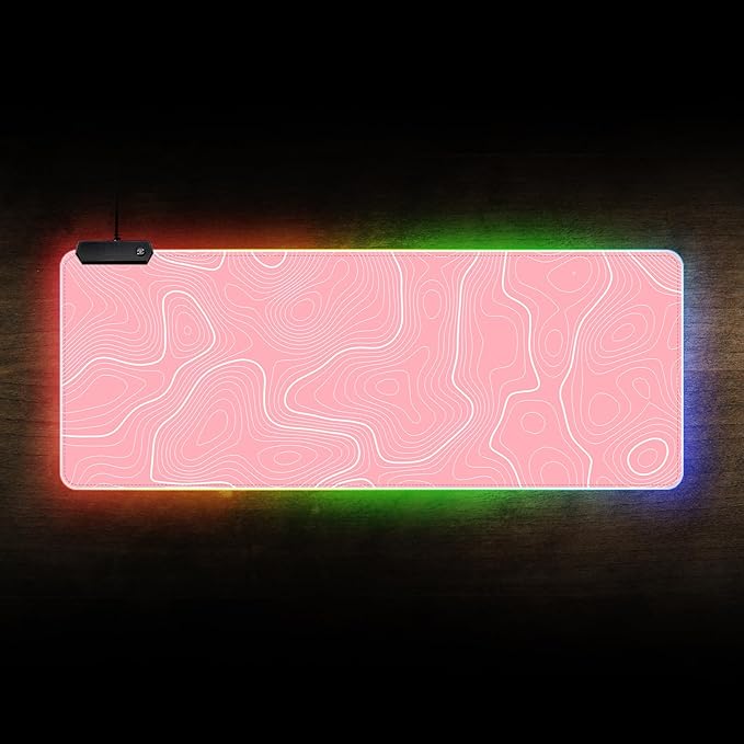 Pink RGB Mouse Pad LED Desk Mat Large Gaming Mousepad Pink and White Line Design, Keyboard Pad XL Mouse Mat for Home and Office