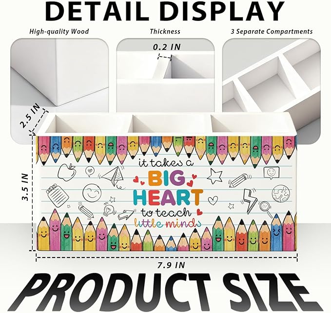 Teacher Pen Pencil Holder for Desk, Teacher Appreciation Gifts, It Takes a Big Heart to Help Shape Little Minds Wooden Box Sign Decorations for Office Classroom Desk Tabletop