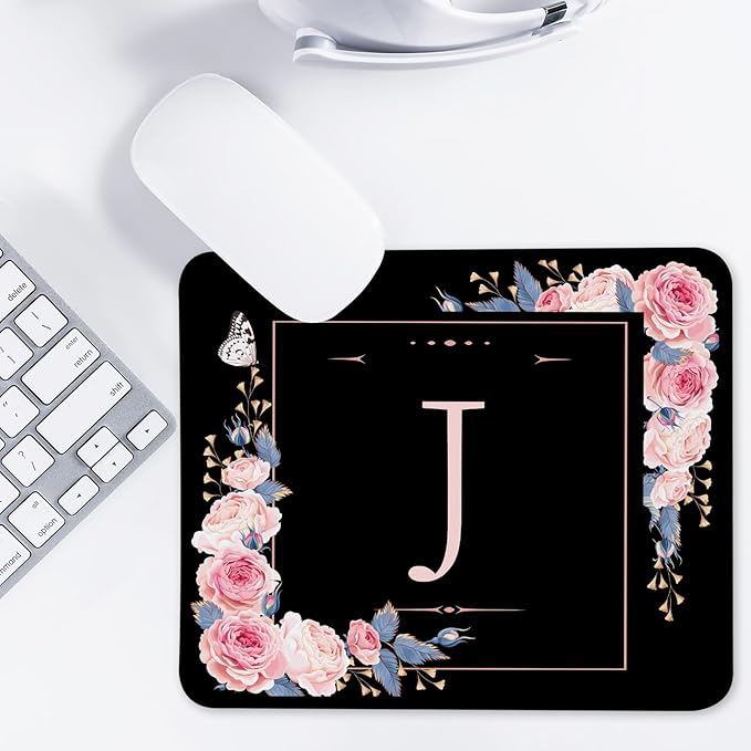 Letter J Black and Pink Flowers Square Mouse Pad, Mouse Pad with Stitched Edge and Non-Slip Rubber Base,Mouse Mat,Home Office Decor Desk Accessories,9.4x7.8x0.12 inch Square Mouse Pad