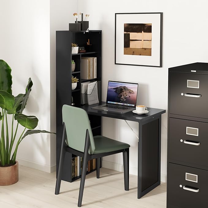 HOMCOM Fold-Out Convertible Writing Table, Computer Desk with Blackboard and Side Shelf Multi-Function Home Office Workstation, Black