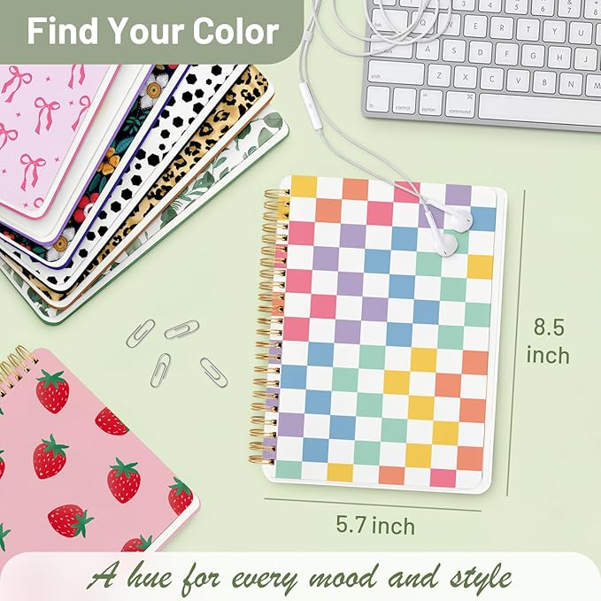 Cute Spiral Notebook A5 Journal for Women Girls Kawaii Aesthetic Pretty Floral Design with Pocket, 8.5 x 5.7 inch, Graph, Color Plaid
