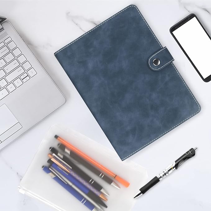 FYY A5 Binder Refillable Planner Notebook 6 Ring PU Leather Binder Journal with Pockets, Dividers, Refill Paper Navy