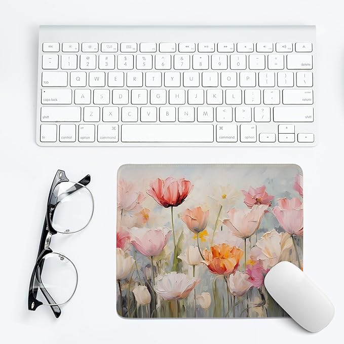 Spring Floral Mouse Pad,Tulip Flower Mouse Pads,Girly Desk Mat,Pretty Cottagecore Flower Desk Mat for Home Office Dorm Desktop Decor,10.2x8.3Inch