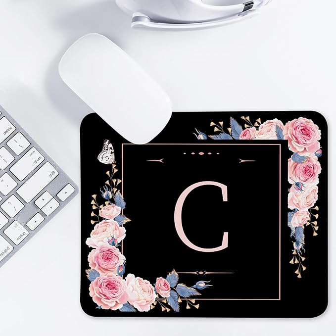 Letter C Black and Pink Flowers Square Mouse Pad, Mouse Pad with Stitched Edge and Non-Slip Rubber Base,Mouse Mat,Home Office Decor Desk Accessories,9.4x7.8x0.12 inch Square Mouse Pad