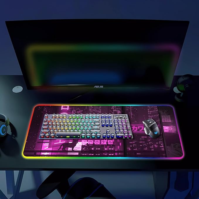 RGB Gaming Mouse Pad, Large Mousepad with Led Light, Gaming Accessories Keyboard Pad for Desk, Non-Slip Rubber Base Big Mouse Mat for Gamer, 31.5 X 11.8 Inch, Purple Anime