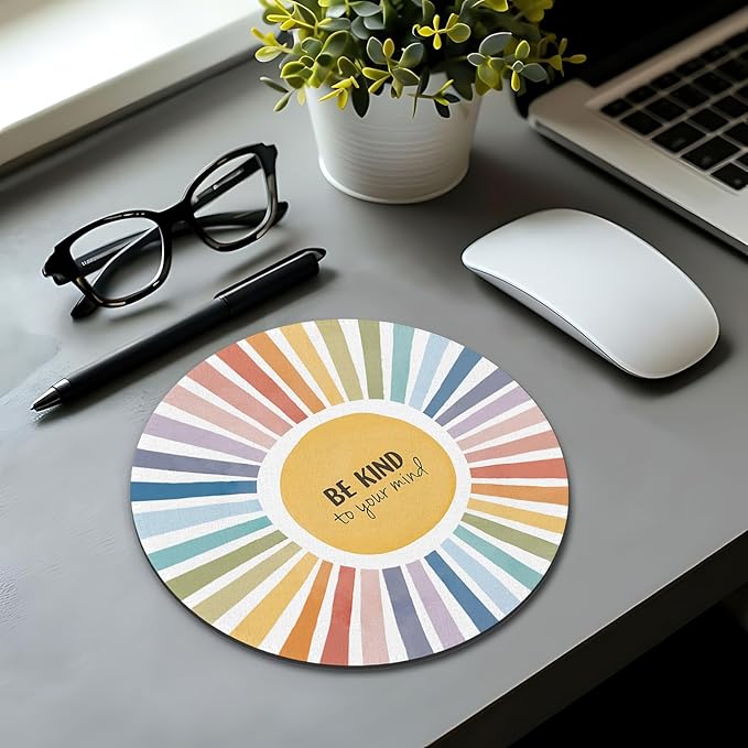 Boho Colorful Rainbow Sun Mouse Pad,Be Kind To Your Mind Cute Rainbow Sunshine Mouse Pads Mousepad for Desk Home Office Dorm Computers Laptop, Boho Office Supplies Desk Accessories, 7.9x7.9 Inch