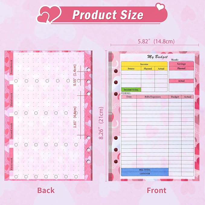 Toplive 3 Pack A5 Planner Refill 82 Sheet Colored Monthly Weekly Planner Refill Paper 6 Hole Budget Sheets Expense Tracker Inserts for A5 Binder Cover Bill Saving Organizer, Pink