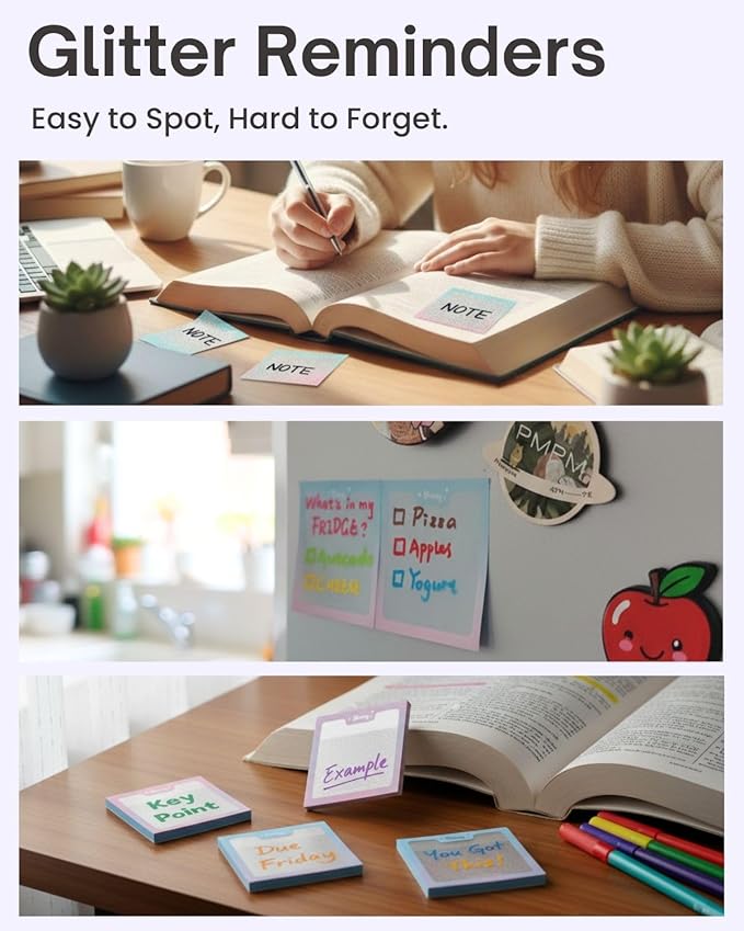 100pcs Glitter Sticky Notes, Transparent Sticky Notes with Pink Blue Iridescent Edge, Cute Self-Adhesive Memo Pads for Office, School & Home Stationery (2 pack-50pcs/1pack)