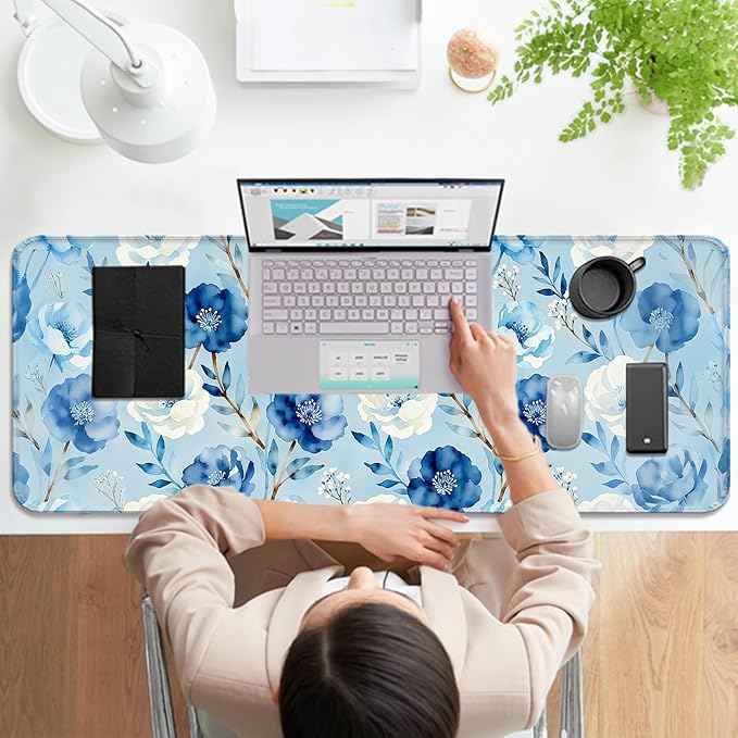 Watercolor Blue Floral XL Large Desk Mat, Extended Long Pretty Flowers Aesthetics Desk Pad for Gaming and Office, Non-Slip Rubber Base, Comfortable Surface Mouse Pad, 31.5x11.8 in (H10)