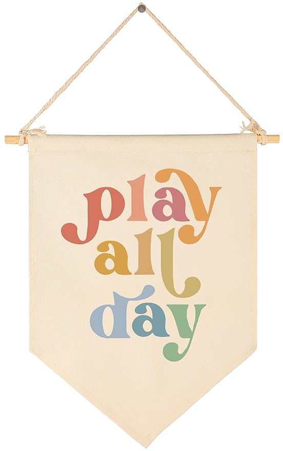 Boho Banner Flag Sign Pennant Poster Wall Decor Gift for Boy Girl Kid,Nursery Baby Room Bedroom Reading Room Playroom Door Above Crib-Play All Day-Baby,Shower,Birthday Christmas Gift-15.6"x11"