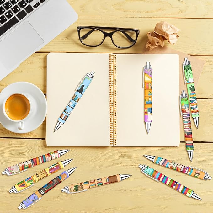 Idealmuzik Bookshelf Theme Ballpoint Pens, 10 Pack โ Colorful Book & Library Design Pens with Reading and Study Icons, Smooth Writing Pens for Students, Teachers, Readers & Office Use
