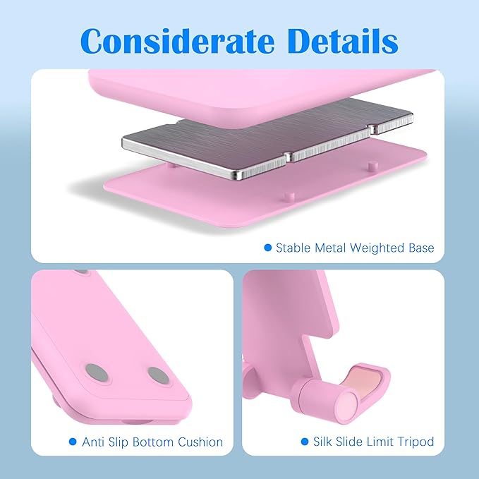 Cell Phone Stand, Adjustable Angle and Height Cell Phone Holder for Desk, Foldable and Portable, Anti-Slip Silicone Pad, Compatible with All Mobile Phones and 4-8 Inch Devices (Pink&Pink)