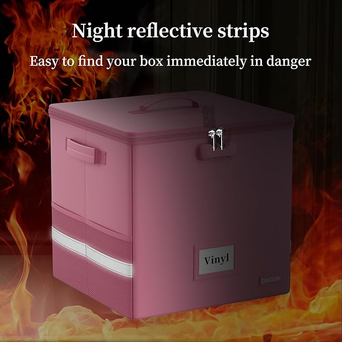 DocSafe Vinyl Record Storage Box with Lock, Fireproof&Water Resistant Record Organizer for 100+ Single Records(12-inch), Collapsible Storage Crate with Lid&Handles for Valuable Album Collection,Pink