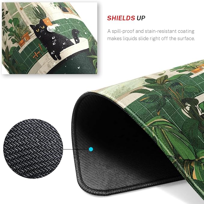 Cute Black Cat Desk Pad Mat with Stitched Edges and Non-Slip Rubber Base, Premium-Textured Mouse Pad for Laptop, Computer & PC, Gaming & Working, Waterproof Mousepad