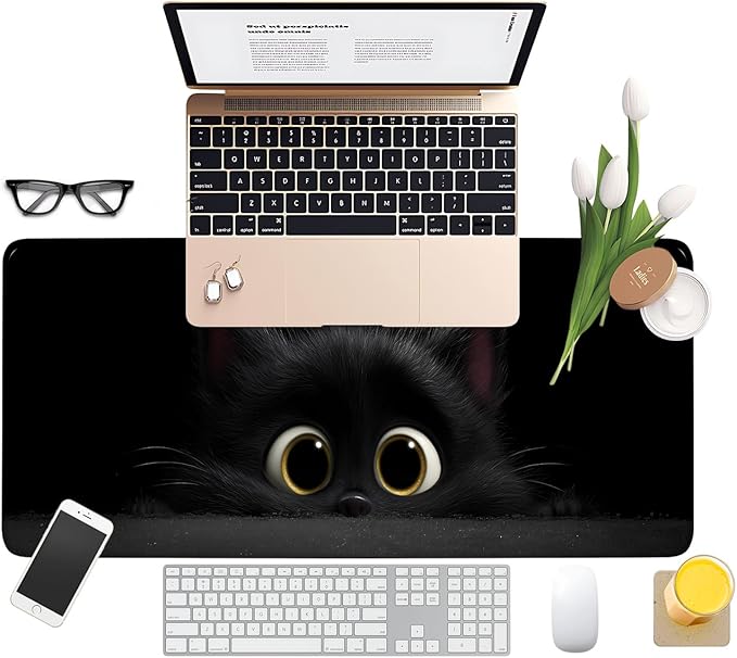 Cat-Inspired Extended Mouse Pad XL 31.5"x11.8" – Large Black Cat Desk Mat – Non-Slip Rubber Base, Stitched Edges