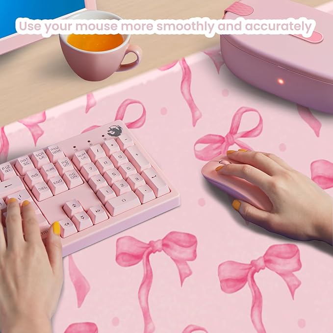 Pink Bows Mouse Pad for Computer Laptop PC, Non-Slip Rubber Base Gaming Mousepad, XL Large 31.5 x 15.7in Full Desk Mat Pink Keyboard Mat Cute Computer Mouse Pad Home Office Decor Accessories