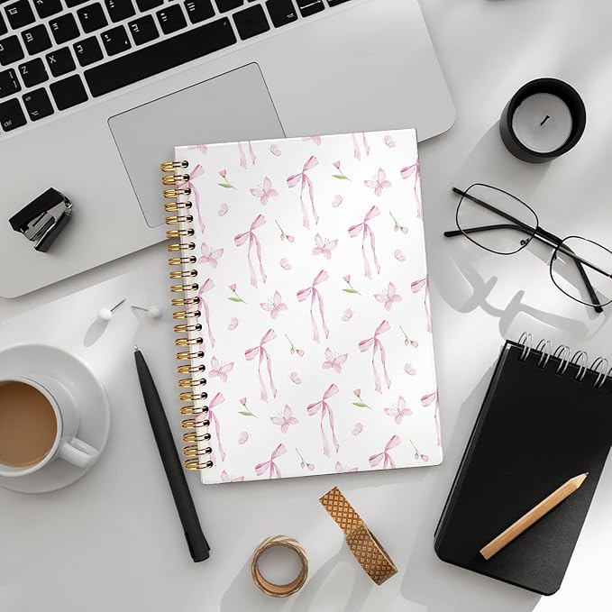 Pink Bow Floral Journal, Floral Botanical Notebook,Preppy Gifts for Women, Hardcover Spiral Notebook 80 Sheets -160 Pages 5.5x8.3 Inch