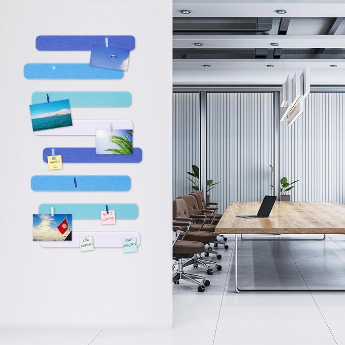8 Pcs Felt Pin Board Bar Strips Bulletin Board 50 Pushpins and 10 Wooden Clip Pins Self Adhesive Cork Boards for Offices Home Wall Display Photos, Paste Notes, Schedules (Blue)