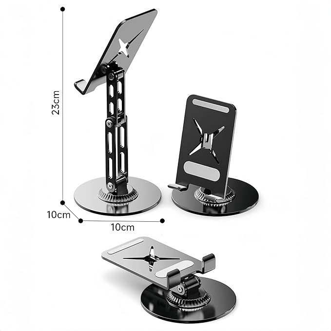 All-Metal Cell Phone Stand 360° Rotatable & Height Adjustable - 25KG Super Load-Bearing, Foldable Desk Stand for Phone & Tablet, Compatible with iPhone 17/16/15/14, Nintendo Switch (Black)