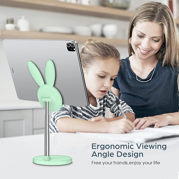 OATSBASF Cute Cell Phone Stand, Adjustable Bunny Phone Stand for Desk, Thick Case Friendly Holder Compatible with iPhone, Kindle, iPad, Switch, All Phones (Green)