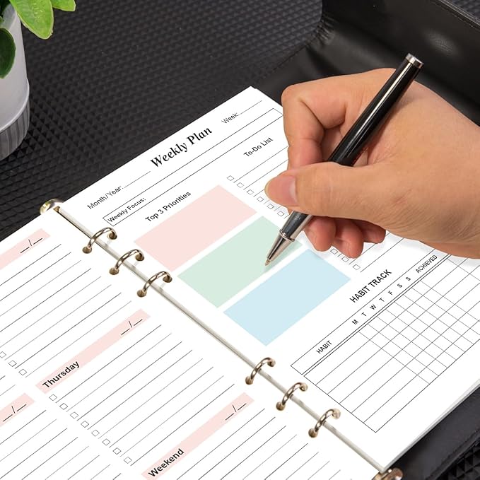 (2-Pack) Weekly Planner Refills for A5 Binders - 106 Sheets/212 Pages Undated Colorful Weekly Planner, 6-Hole Punched, 100 gsm White Paper, Lasts 1 Year, Undated, 5.8" x 8.3"