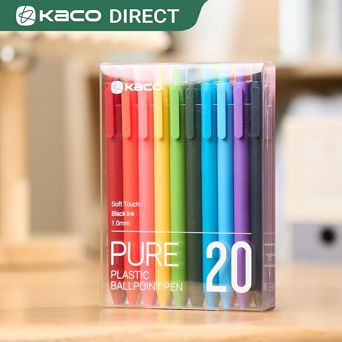 Kaco 20 Pieces Ballpoint Pens PURE, Black Ink Pens, 1.0 mm Medium Point, 20 Count Pack Pens for Journaling Note Taking