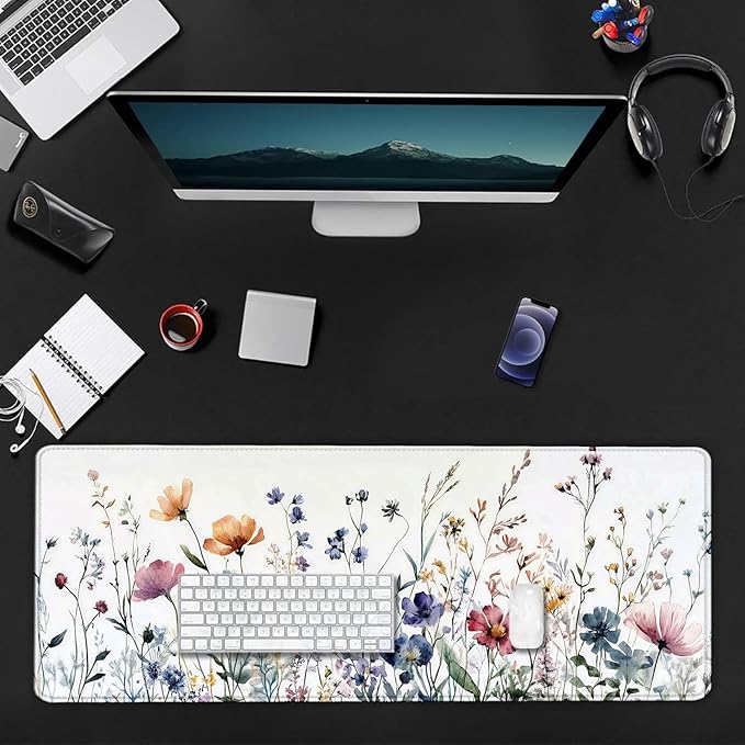 Wildflowers Flower Floral Large Mouse Pad, Desk Mat Computer Keyboard Pad Non-Slip Rubber Base Waterproof with Stitched Edges for Laptop Gaming, Office & Home 31.5 x 11.8 Inch