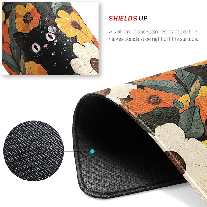 Cute Black Cat Desk Pad Mat with Stitched Edges and Non-Slip Rubber Base, Premium-Textured Mouse Pad for Laptop, Computer & PC, Gaming & Working, Waterproof Mousepad