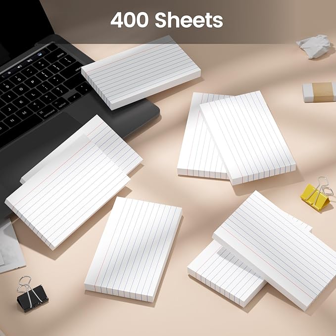 400 Count Index Cards 3x5 Inch - 180gsm Heavyweight White Flash Card (50 Sheets Each), Durable & Portable Note Taking for Students, Teachers, Study Flashcards for Office School Supplies