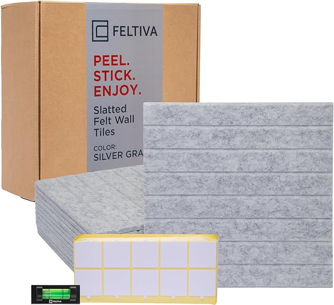 Felt Bulletin Board Tiles – 12x12 Inch Cork Wall Panels, Pack of 12, Covers 36x48 Inches, 50 Adhesive Tabs and Bubble Level, Polyester Material – Silver Gray
