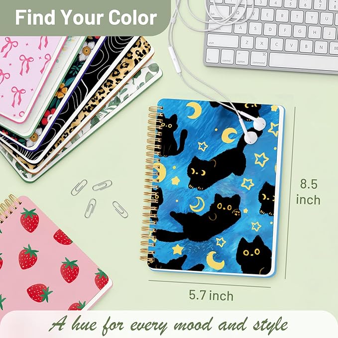 Stanoha Cute Spiral Notebook A5 Journal for Women Girls Kawaii Aesthetic Pretty Floral Design with Pocket, 8.5 x 5.7 inch, Graph, Blue Black Cat