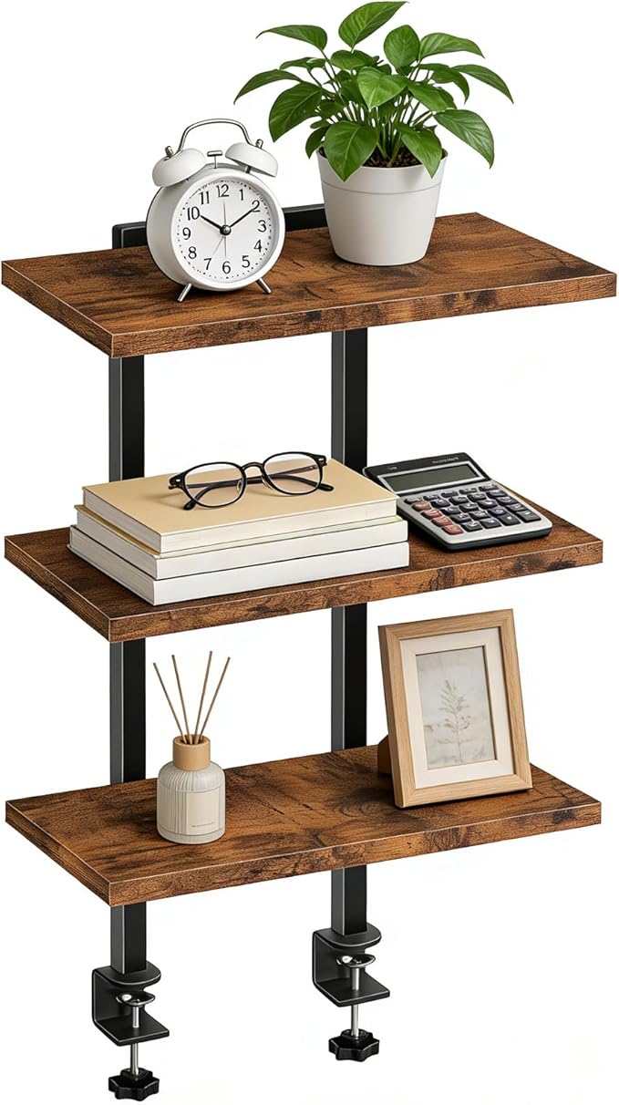 Clamp On Desk Organizer, 3-Tier Desktop Bookshelf, Adjustable Desk Storage Shelf, Metal Frame, for Office, Study and Game Room, Rustic Brown DSHR3601