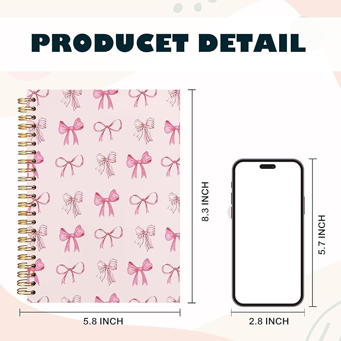BearCake Pink Bow Sticky notebook,Cute Preppy Journal,Trendy Coquette Pink Bow Notebook for Women note taking, Hardcover Spiral Notebook 5.5x8.3