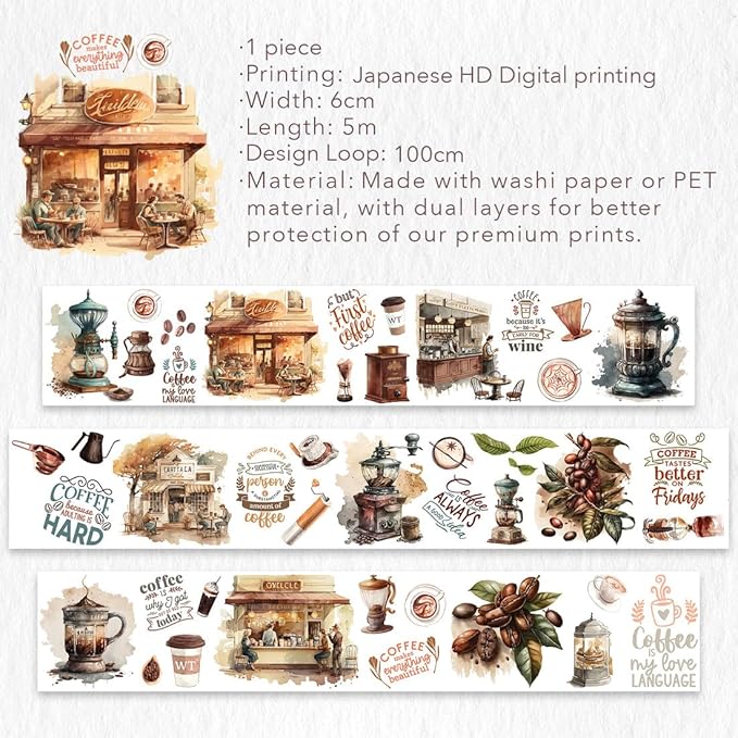 WT Caffeine Canvas Wide Washi Tape, Single Roll, Original Designs, Watercolor Vintage Cafe Paper Tape, Coffee Theme for Journals, Scrapbooks, Bujo Planners, DIY Crafts Supplies