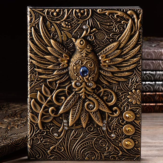 Vintage 3D Phoenix Embossed Leather Writing Journal with Diamond Pen Set,A5,200Pages,Antique Handmade Daily Notepad Sketchbook,Travel Diary&Notebook to Write in,for Women Men