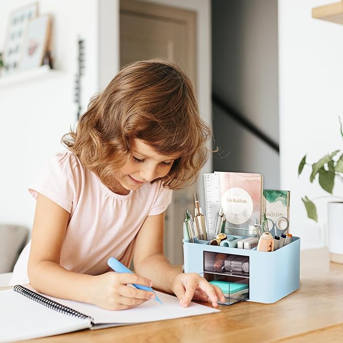 Pencil Pen Holder for Desk,2 Drawer Desk Organizers,5 Compartments Desktop Storage Stationery Supplies Organizer, Cute Pencil Cup Pot For Office, School, Home(Blue)