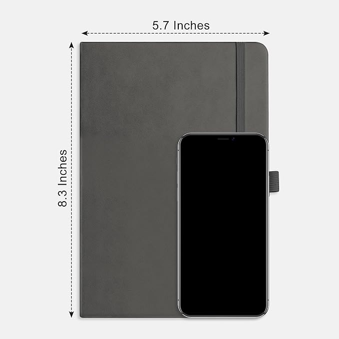 RETTACY Dotted Journal Notebook, 192 Pages, A5 Medium Size (5.7'' x 8.3''), Leather Hardcover, 100 GSM Thick Paper, for Bullet Journaling, Planning, Tracking (Gray)