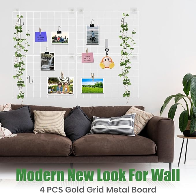 Metal Grid Wall Panel White, Wire Grid Photo Display Organizer, 17.3"×11.8" Wire Board Grid Wall, Grid Picture Frame, 4-Pack Wire Mesh Memo Board with Clips and Hooks