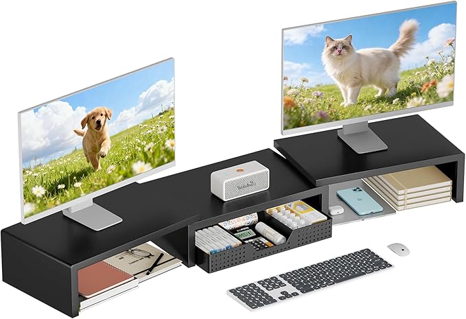 OPNICE Desk Organizers and Accessories, Dual Computer Monitor Stand Riser with Drawer, Office Desk Accessories & Workspace Organizers, Black