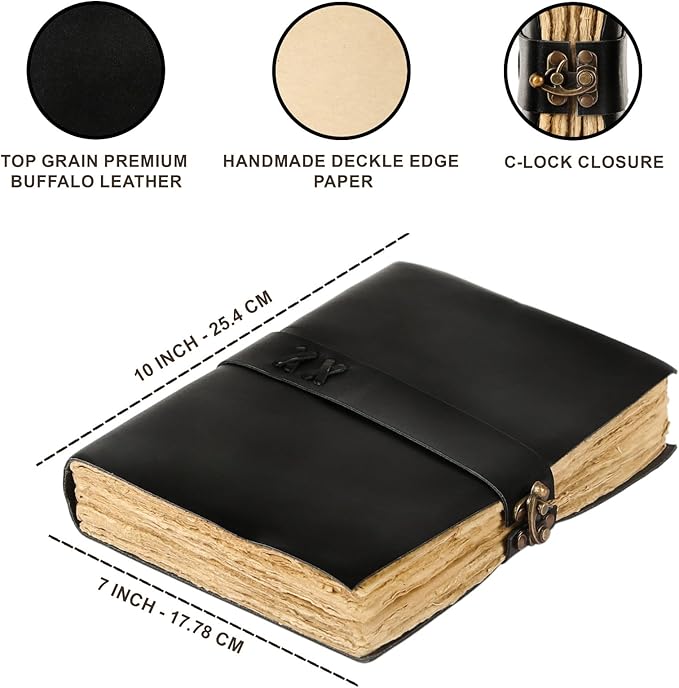 Vintage Leather Journal Handmade Buffalo Deckle Edge Paper – Leather Bound Journal for Women Men Vintage C-Lock Closure Ideal for Writing & Travel for Artists